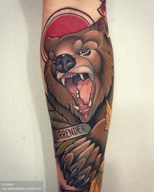 By Mimi, done at La Dolores & Mimi, Madrid.... animal;bear;big;facebook;inner forearm;mimi;neotraditional;twitter