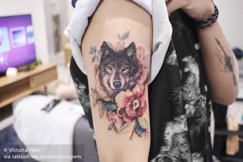 By Victoria Yam, done in Hong Kong. http://ttoo.co/p/35119 animal;big;facebook;flower;illustrative;medium size;nature;twitter;upper arm;victoriayam;watercolor;wolf