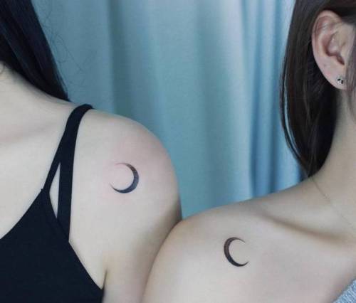 By Tattooist Ilwol, done in Seoul. http://ttoo.co/p/144833 small;matching;micro;family;matching tattoos for siblings;tiny;sister;ifttt;little;matching sister;crescent moon;minimalist;shoulder;moon;tattooistilwol;astronomy