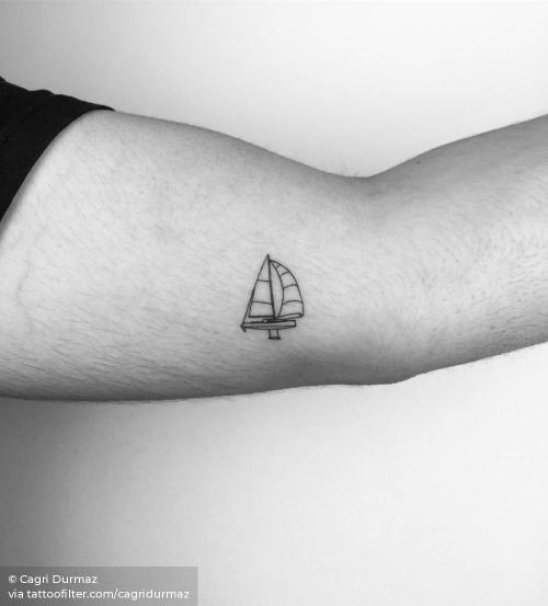 By Cagri Durmaz, done in Istanbul. http://ttoo.co/p/35451 cagridurmaz;facebook;fine line;inner arm;line art;nautical;sailing ship;small;travel;twitter;watercraft