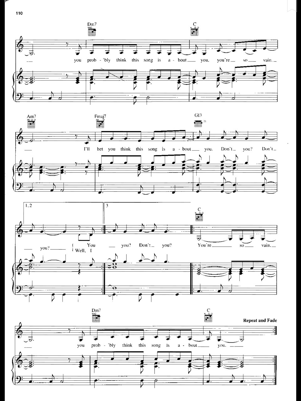 Piano Sheet Music — Carly Simon - You’re So Vain (Piano Sheet)