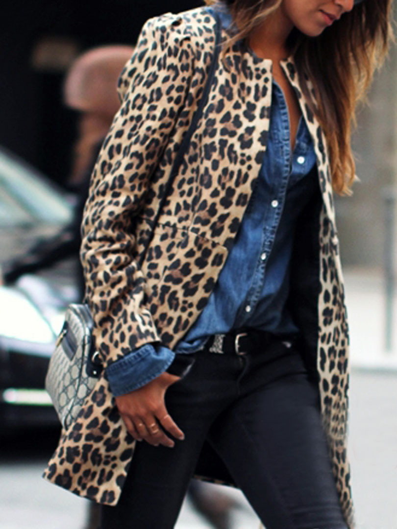 Collarless Leopard Print Outerwear