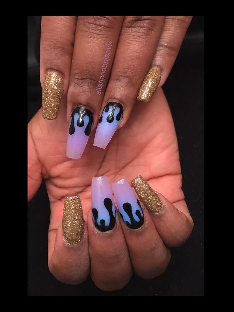 natural nails, colorful nails, la nails, bliss nails, toenail removal Glow in the Dark Ombrwith Black Drip Design and Gold Glitter Long Coffin Nails 