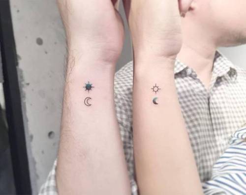 By Diki · Playground, done at Playground Tattoo, Seoul.... small;matching;matching tattoos for couples;astronomy;micro;playground;tiny;love;ifttt;little;wrist;minimalist;couple;sun;moon