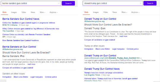 Screenshot of candidate position information with example content for Bernie Sanders and Donald Trump on gun control