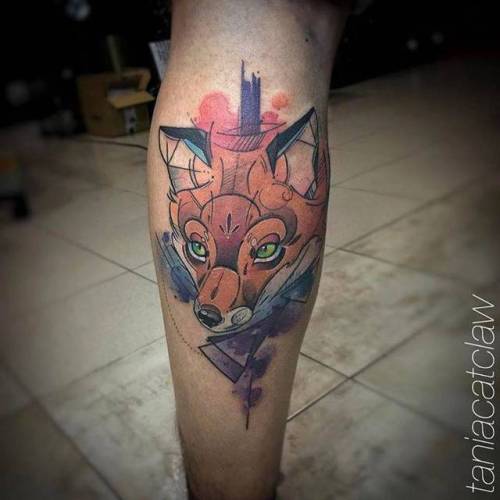 By Tania Catclaw, done at Big Boys Tattoo, Lisboa.... sketch work;calf;fox;big;animal;facebook;twitter;taniacatclaw
