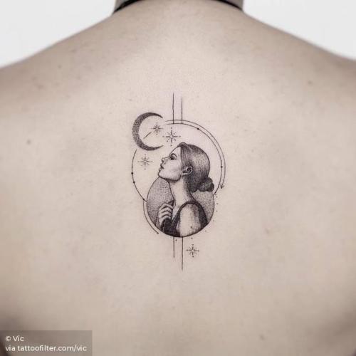 By Vic, done at Ink and Water Tattoo, Toronto.... small;astronomy;tiny;women;ifttt;little;upper back;moon;vic;woman and moon;other