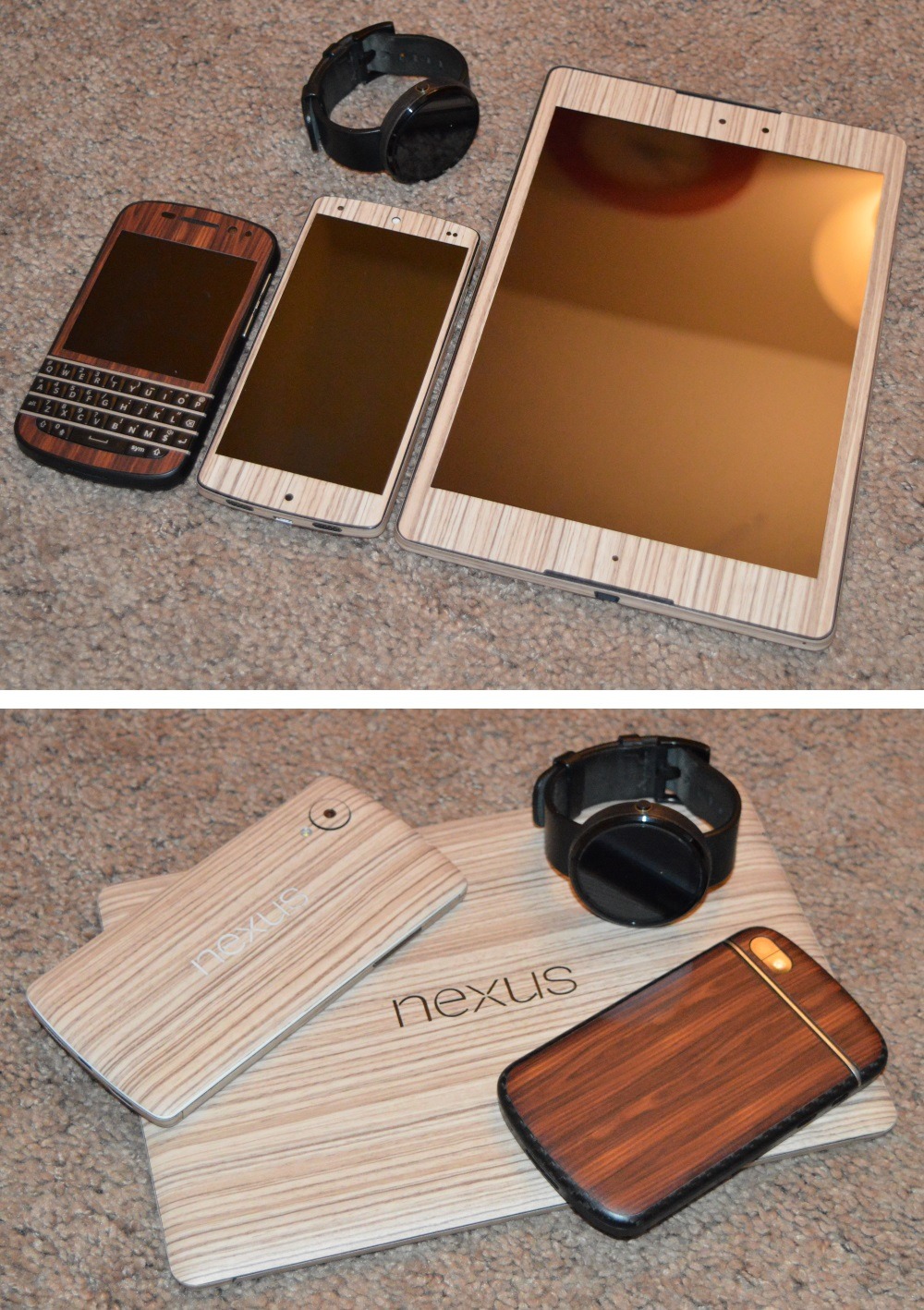 It’s here, and the Nexus 9 has been added to the wooden family of electronics. I’m pleased.
JayWll:
“ The quest for wood-effect skins on all my devices continues.
That’s a rosewood BlackBerry Q10, a (very subtle) black woodgrain edged Moto360, and a...