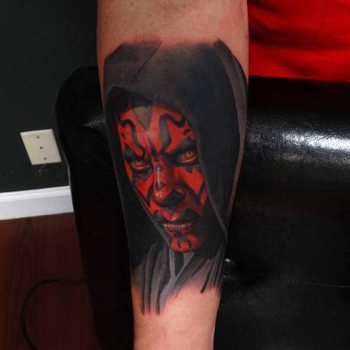 By Andrés Acosta, done at Red Dagger Tattoo Studio, Houston.... film and book;andresacosta;fictional character;big;darth maul;star wars;facebook;star wars characters;realistic;twitter;inner forearm