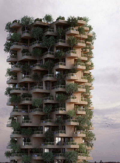 archatlas:<br /><br />Penda proposes Toronto Tree Tower built from cross-laminated timber modules<br /><br /><br />Plants and trees sprout from the modular units that make up this timber-framed high-rise, proposed by architecture firm Penda for Toronto. Penda, which has offices in China and Austria, collaborated with Canadian company Tmber for the Toronto Tree Tower project. They propose an 18-storey residential block that would stand 62 metres tall, with a modular structure made from cross-laminated timber (CLT).<br />Wood would also clad the building’s staggered walls, and trees would grow from the homes’ generous balconies. “Our cities are a assembly of steel, concrete and glass,” said Penda partner Chris Precht. “If you walk through the city and suddenly see a tower made of wood and plants, it will create an interesting contrast. The warm, natural appearance of wood and the plants growing on its facade bring the building to life and that could be a model for environmental friendly developments and sustainable extensions of our urban landscape,” he added.<br />