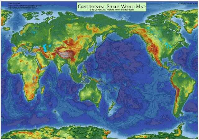 World map with 200 m lower sea level. - Maps on the Web