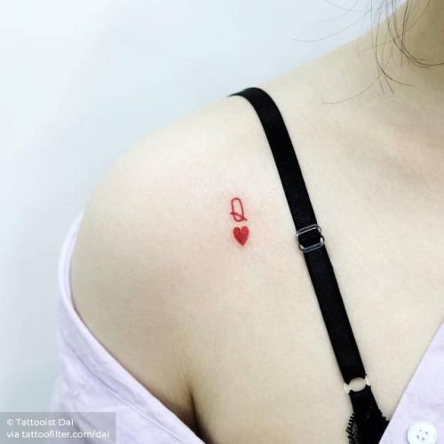 By Tattooist Dal, done in Seoul. http://ttoo.co/p/33672 card;dal;experimental;facebook;gambling;game;latin script;letter;micro;minimalist;other;q;red;shoulder;twitter