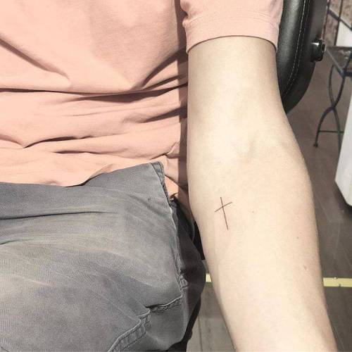By MJ, done at Bedford Tattoo, Brooklyn. http://ttoo.co/p/35834 mj;small;micro;christian;line art;tiny;ifttt;little;minimalist;christian cross;inner forearm;religious;fine line
