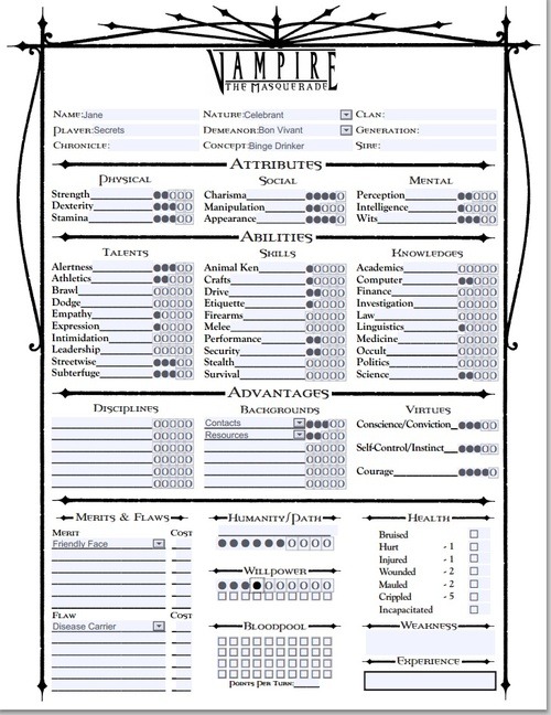 Vtm Character Sheet A Character Sheet I Made For A Vampire Game In