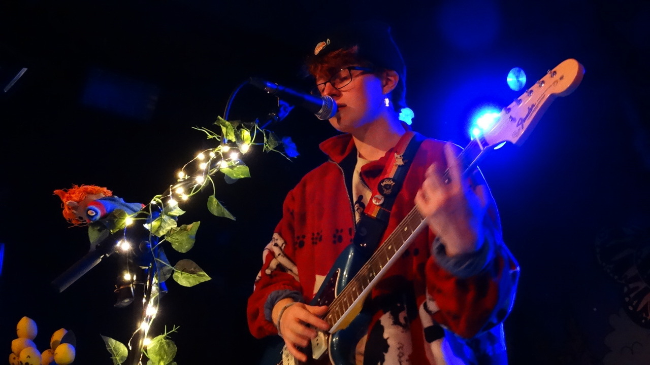 Cavetown singing live and playing the guitar. He is wearing a warm, fuzzy sweater and his microphone stand is wrapped with sweet roses and twinkly lights