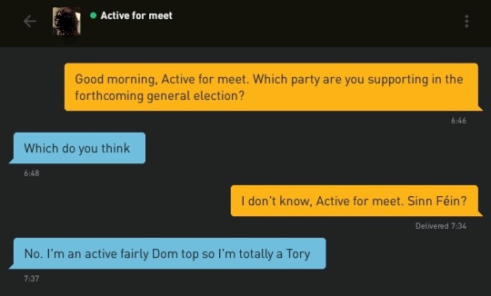 Me: Good morning, Active for meet. Which party are you supporting in the forthcoming general election?
Active for meet: Which do you think
Me: I don't know, Active for meet. Sinn Féin?
Active for meet: No. I'm an active fairly Dom top so I'm totally a Tory