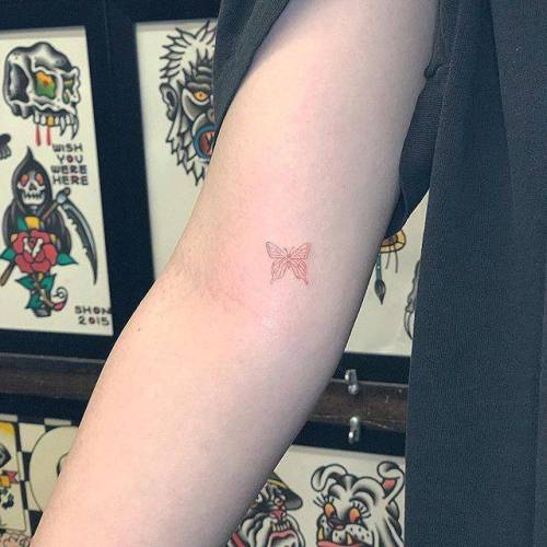 By Joey Hill, done at High Seas Tattoo Parlor, Los Angeles.... small;single needle;micro;line art;inner arm;butterfly;animal;tiny;joeyhill;ifttt;little;red;experimental;other;fine line;insect