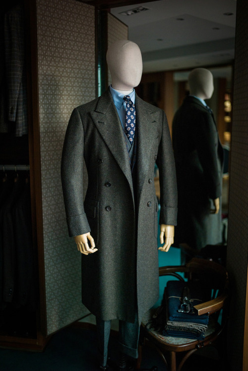 bntailor:Olive green peaked DB bespoke coat by B&TAILOR