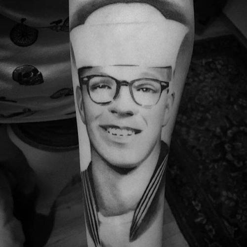 By Shay Bredimus, done at Outer Limits Tattoo, Long Beach.... healed;black and grey;family;big;memorial;sailor;facebook;twitter;profession;portrait;inner forearm;shaybredimus;other