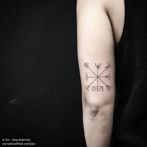 By Jin · Hoa Eternity, done in Manhattan. http://ttoo.co/p/33863 facebook;fine line;jin;letter;line art;medium size;nordic symbol;rune;symbols;tricep;twitter;vegvisir