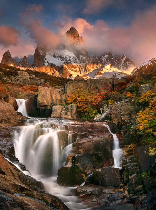 coiour-my-world:Hidden waterfall with Mt. Fitz Roy in the...