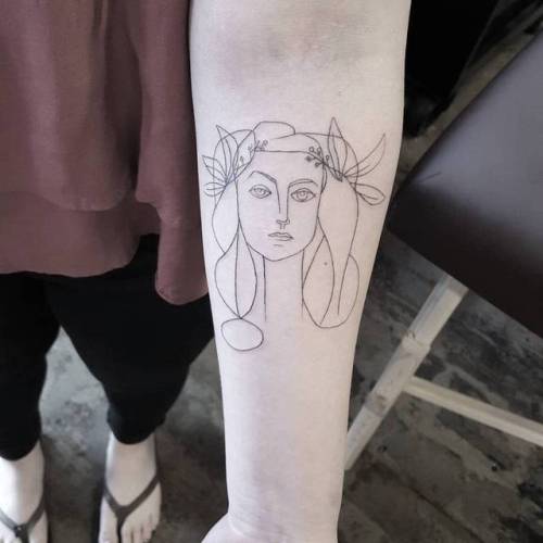 By Joey Hill, done at High Seas Tattoo Parlor, Los Angeles.... spain;art;small;line art;tiny;joeyhill;ifttt;little;location;picasso;inner forearm;medium size;europe;fine line;visage;patriotic