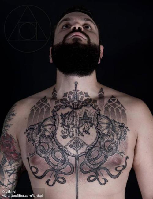By Lahhel, done at Meatshop Tattoo, Barcelona.... sword;window;dotwork;torso;big;chest;lahhel;dragon;facebook;blackwork;twitter;architecture;nordic;sacred geometry;weapon;mythology;geometric