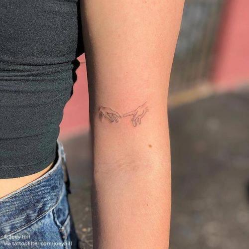 By Joey Hill, done at High Seas Tattoo Parlor, Los Angeles.... art;small;anatomy;single needle;tiny;joeyhill;michelangelo;ifttt;little;location;italy;europe;the creation of adam;hand;fine line;patriotic;bicep;line art