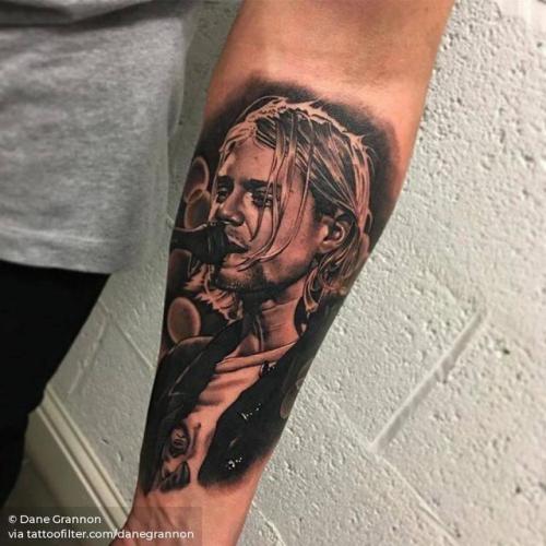 By Dane Grannon, done at Creative Vandals, Hull.... music;black and grey;danegrannon;patriotic;big;united states of america;character;facebook;music band;twitter;kurt cobain;portrait;inner forearm;nirvana