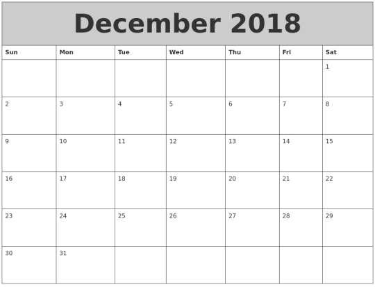 Free March 2018 Calendar Printable Color — December