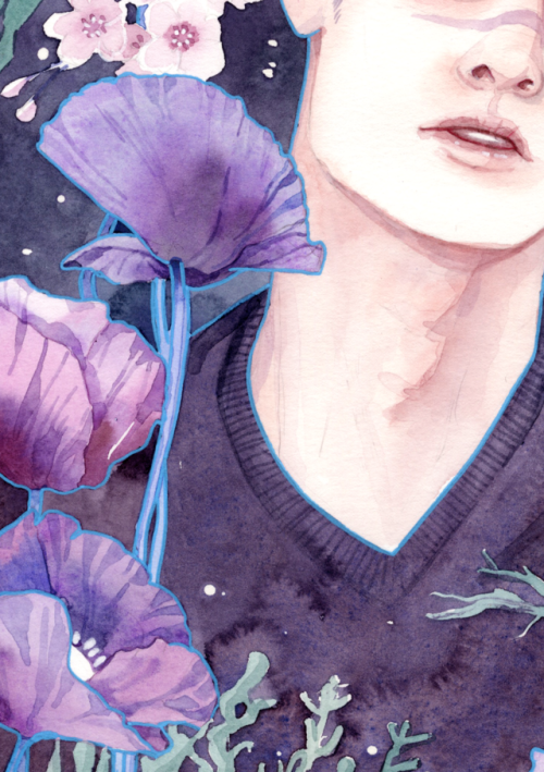 Shiro with Poppies and Cherry Blossoms, done in Watercolor on...