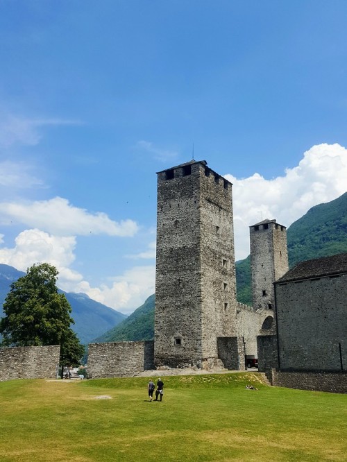 Stone towers are peeking from between sculpted buildings,...