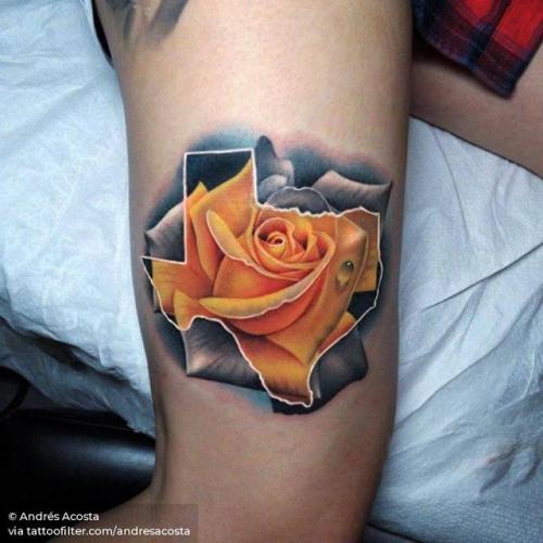 By Andrés Acosta, done in Austin. http://ttoo.co/p/31945 flower;andresacosta;patriotic;inner arm;rose;united states of america;travel;map;facebook;nature;location;texas map;realistic;twitter;texas