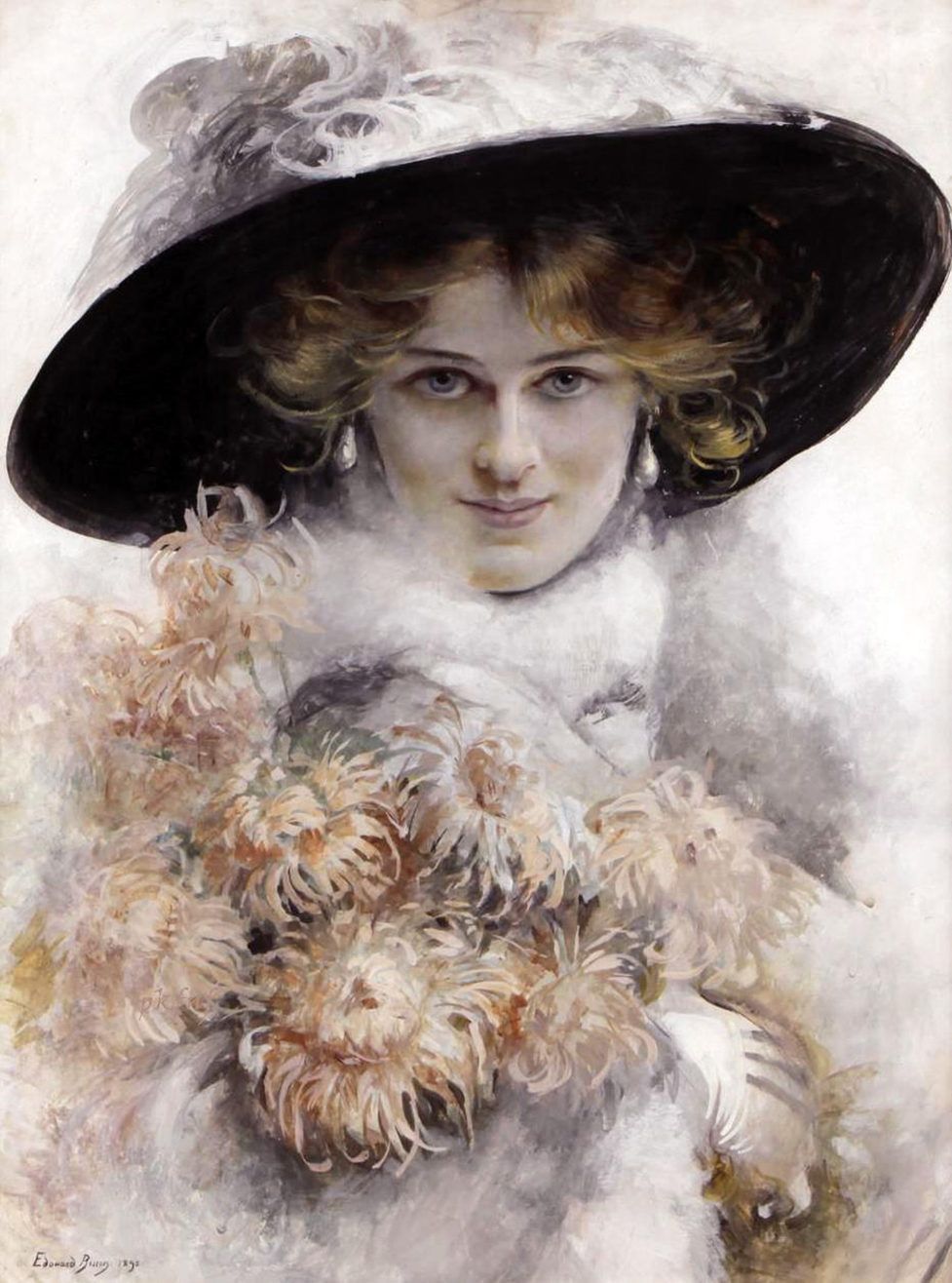 Portrait of a Lady in a Black Hat (1895). Edouard Bisson (French 1856-1939). Gouache on board.
Full title is A Portrait of a Lady in a Black Hat with a Bouquet of Flowers in her Arms. Bisson was a Pre-Raphaelite painter. He is best known for his...