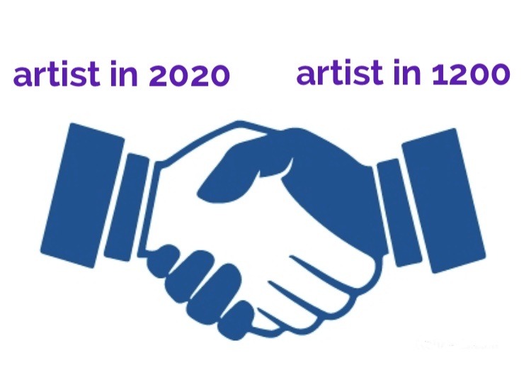 artist in 2020 shaking hands with artist in 1200