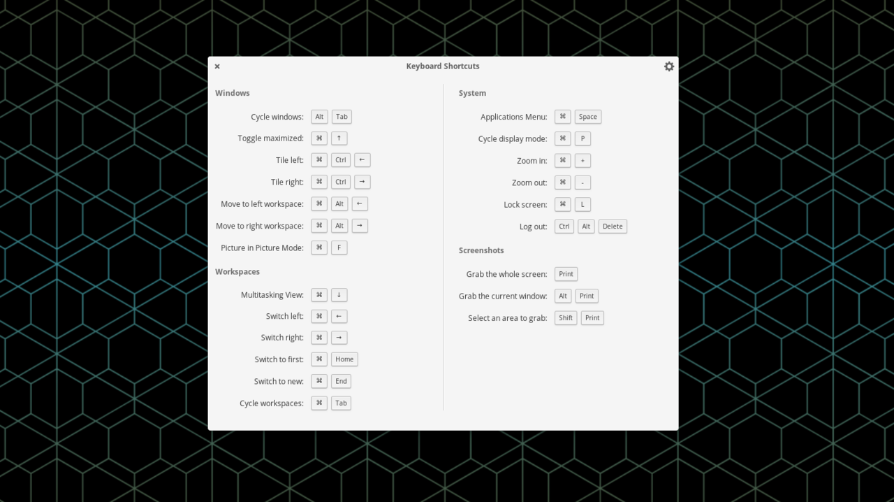 The keyboard shortcut overlay on elementary OS 5.0 Juno