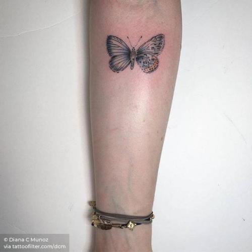By Diana C Munoz, done at Shamrock Social Club, West Hollywood.... insect;small;butterfly;animal;dcm;facebook;twitter;inner forearm;illustrative