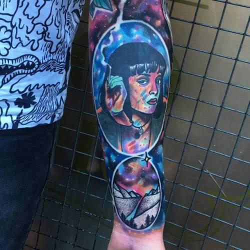 By Andrew Marsh · Little Andy, done at Church Yard Tattoo... healed;psychedelic;fictional character;big;contemporary;uma thurman;character;facebook;twitter;pop art;mia wallace;experimental;inner forearm;littleandy;pulp fiction;other;film and book