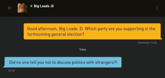 Me: Good afternoon, Big Loads :D. Which party are you supporting in the forthcoming general election?
Big Loads :D: Did no one tell you not to discuss politics with strangers?!