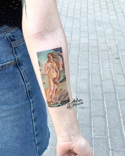 By Andrea Morales, done at 18ª Valencia Tattoo Convention,... art;small;andreamorales;patriotic;the birth of venus;contemporary;tiny;ifttt;little;location;sandro botticelli;inner forearm;medium size;italy;europe