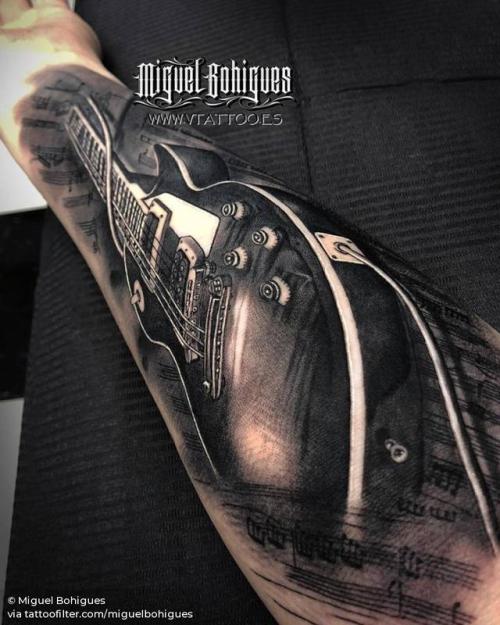 By Miguel Bohigues, done at V Tattoo, Aldaia.... big;black and grey;facebook;guitar;inner forearm;miguelbohigues;music instrument;music;twitter