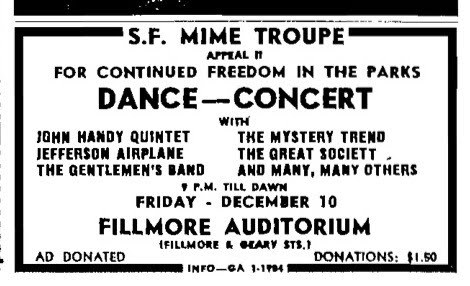 San Francisco Mime Troupe benefit dance with Jefferson Airplane, The Great! Society, The Mystery Trend and others. Fillmore Auditorium, December 10, 1965.