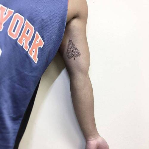 By Jin · Hoa Eternity, done in Manhattan. http://ttoo.co/p/36394 tree;small;jin;inner arm;tiny;pine tree;ifttt;little;nature;on dark skin;other;illustrative
