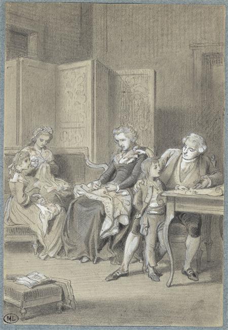 tiny-librarian:
“ The Royal Family in the Temple Prison.
Louis XVI is teaching Louis Charles, while Marie Antoinette, Marie Therese Charlotte, and Madame Elisabeth work on some embroidery.
Source
”