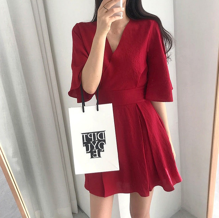  Korean  Aesthetic Red  Dress