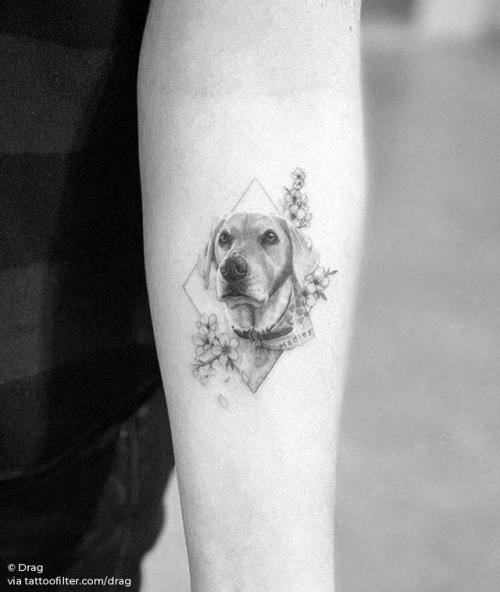 By Drag, done at Bang Bang Tattoo SoHo, Manhattan.... small;pet;dog;single needle;labrador;animal;tiny;ifttt;little;drag;portrait;inner forearm