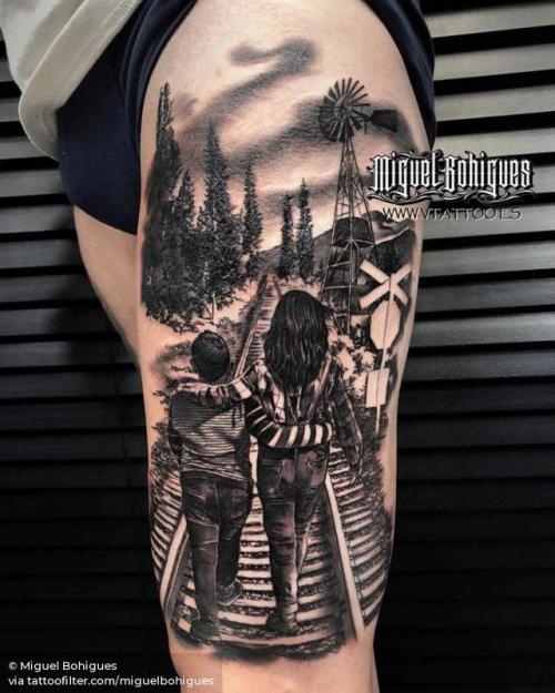 By Miguel Bohigues, done at V Tattoo, Aldaia.... big;black and grey;blackwork;brother;children;facebook;family;miguelbohigues;parent;realistic;sister;thigh;train;travel;twitter