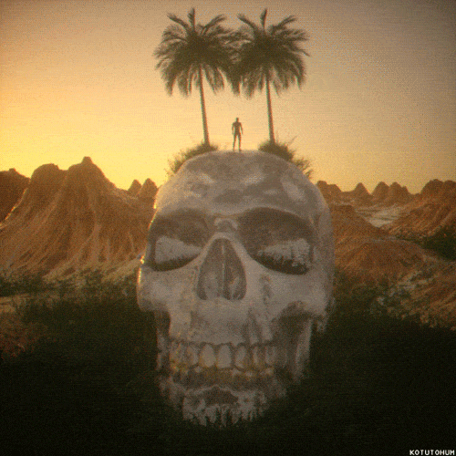 gif loop 3d Cinema 4d c4d kotutohum art on tumblr artists on tumblr vaporwave retrowave retrofuture ae After Effects illustration retro art palm trees sunset skull skull island pride rainbow animated art digital art 80s 1980s aesthetic aesthetics miami island ruins