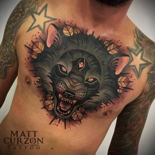By Matt Curzon, done at 9th Australian Tattoo Expo Sydney,... mattcurzon;big;animal;chest;facebook;twitter;wolf;neotraditional