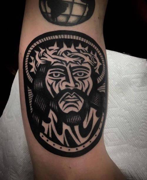 By Luciano Calderon, done at Lombard Street Tattoo, Portland.... lucianocalderon;inner arm;jesus;contemporary;facebook;blackwork;twitter;medium size;religious;illustrative